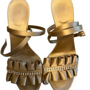 BCBGMAXAZRIA Gold Satin Heels with Rhinestone and Ruffle Embellishments